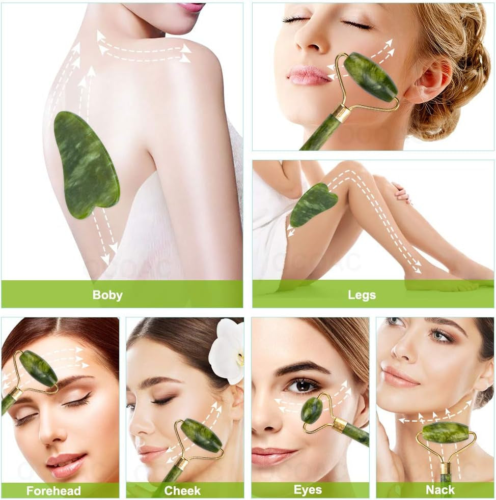 Gleamara™ 5-in-1 Jade Gua Sha Facial Massager Set – Natural Stone Skincare Roller